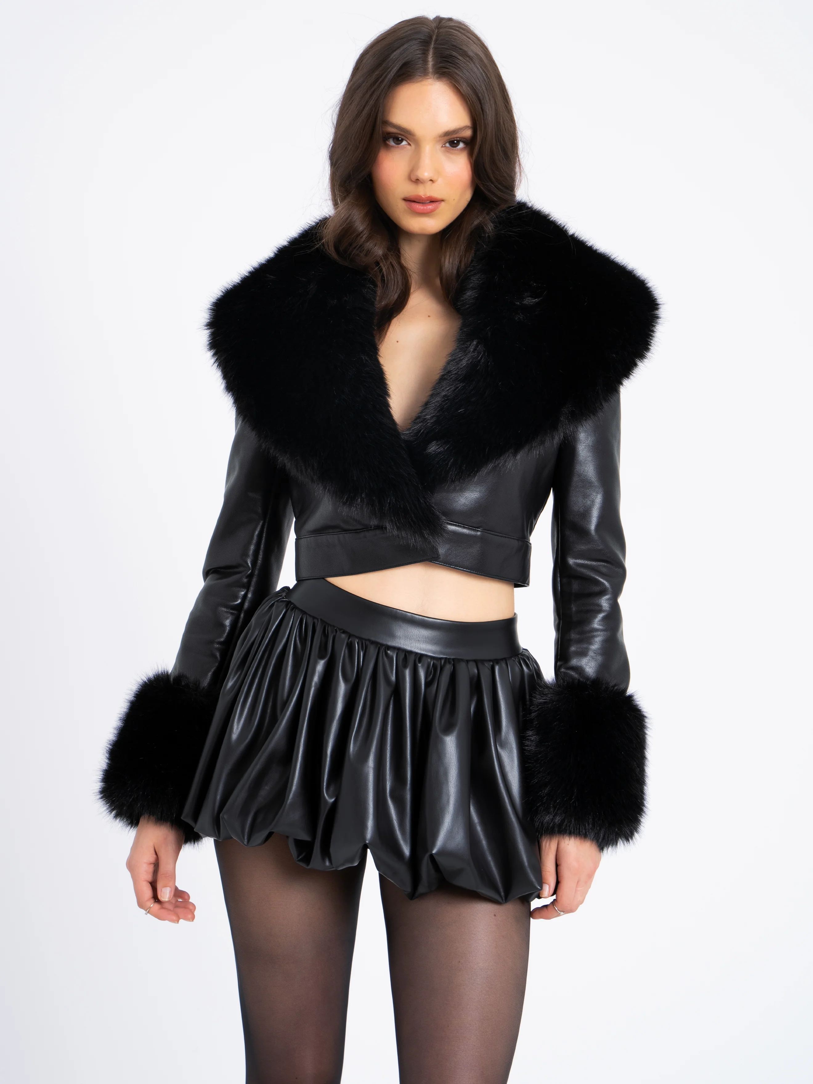 Ziah Cropped Leather Jacket with Fur Collar - Image 10