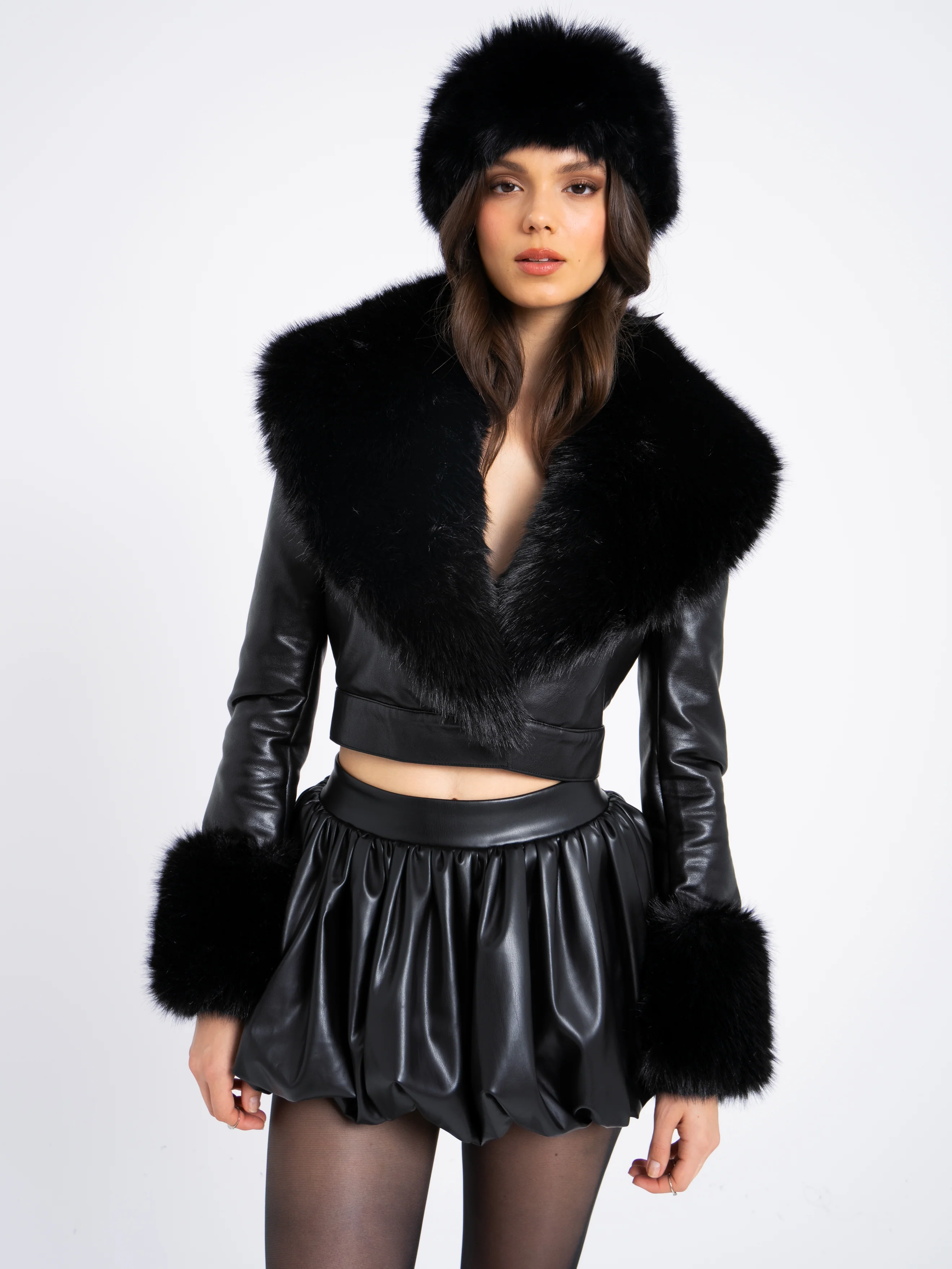 Ziah Cropped Leather Jacket with Fur Collar - Image 15