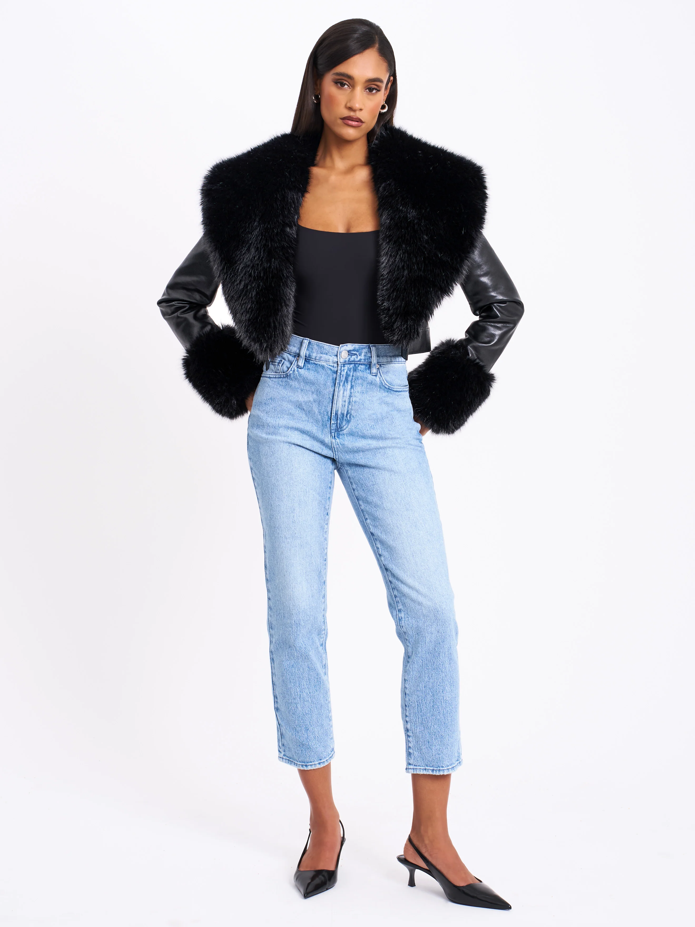 Ziah Cropped Leather Jacket with Fur Collar - Image 3