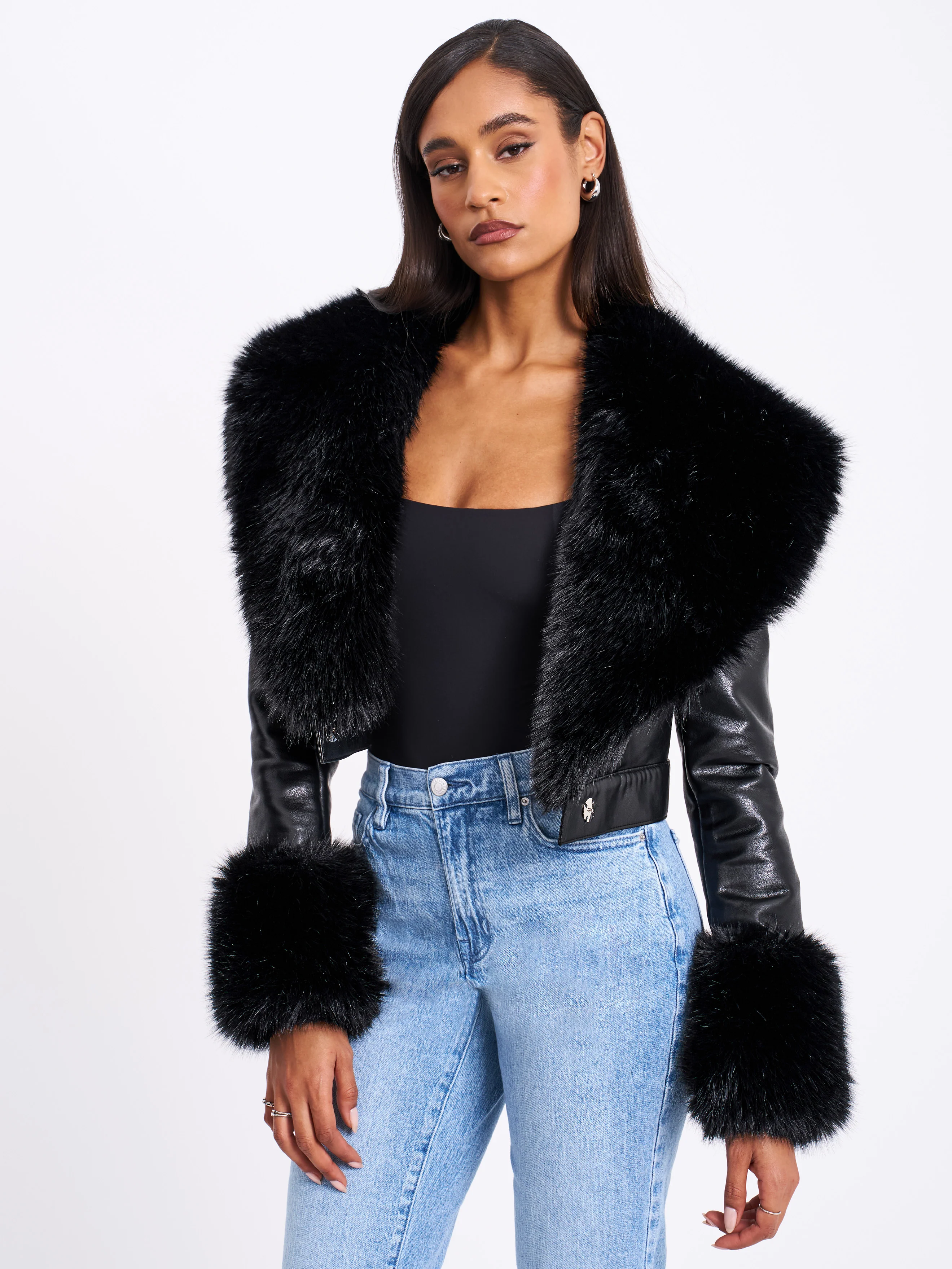 Ziah Cropped Leather Jacket with Fur Collar - Image 7