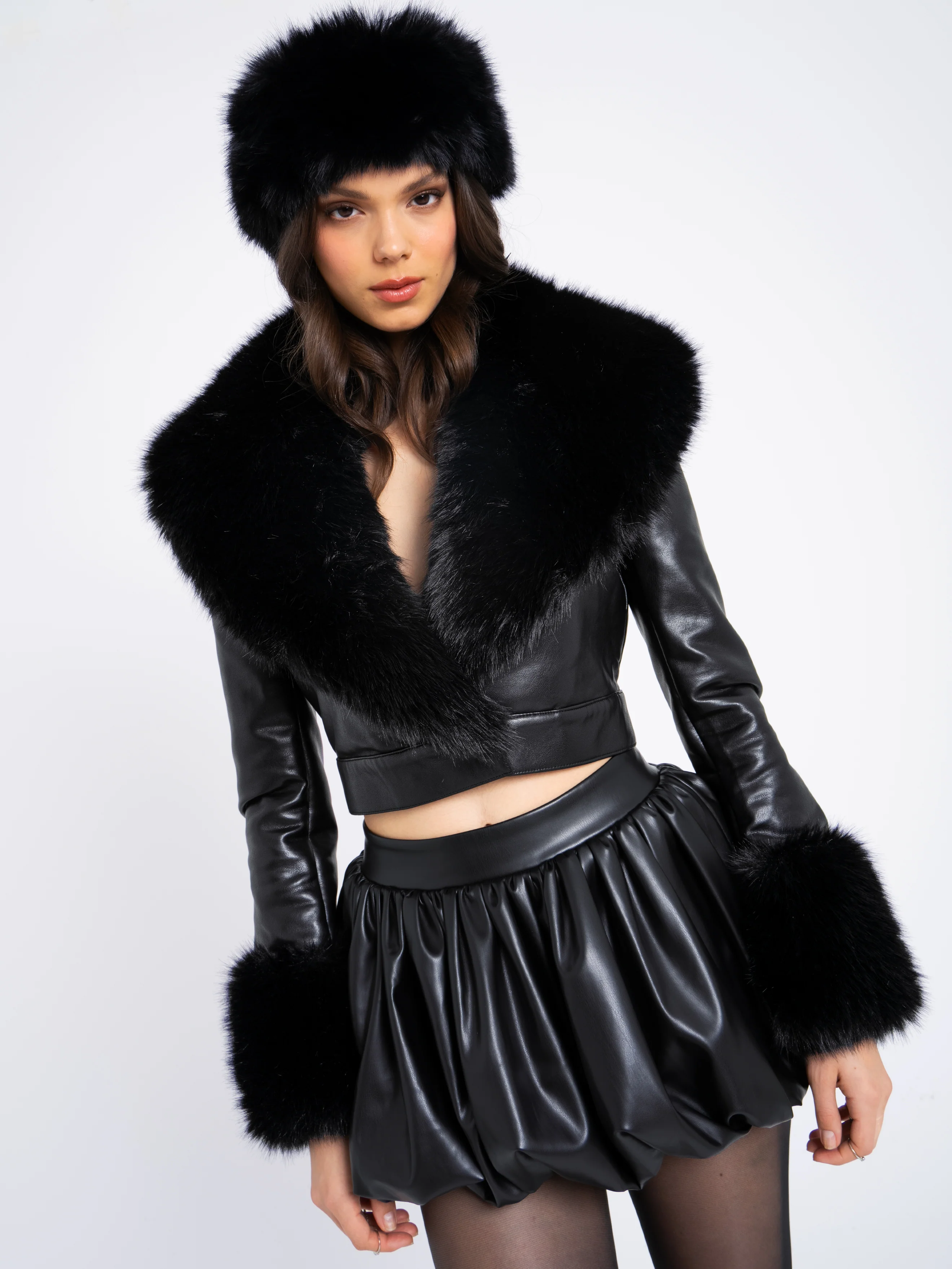 Ziah Cropped Leather Jacket with Fur Collar - Image 8
